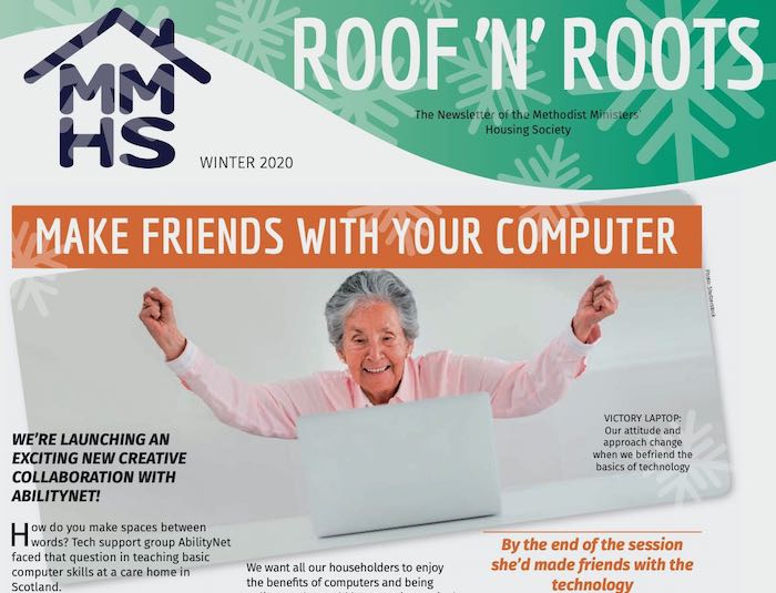 Cover of the Winter 2020 edition of Roof n Roots shows an older woman cheering in victory over her laptop computer